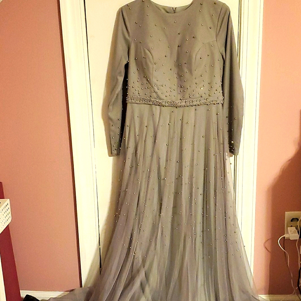 Gray, long sleeve, maxi dress